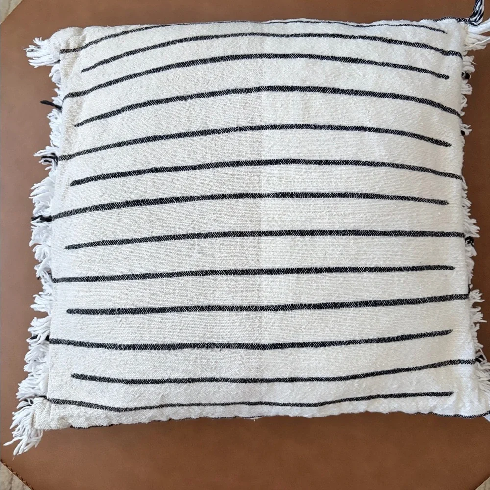 West Elm Cream and Black Striped Fringe Accent Pillow
